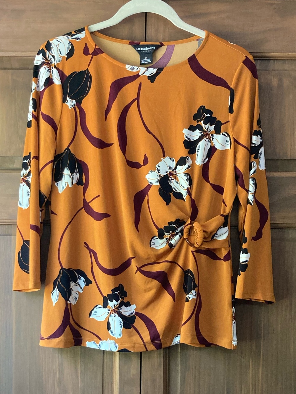 Liz Claiborne Dark Yellow-Orange Floral 3/4 Top Medium